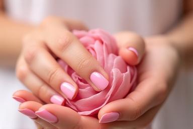 Hands with a perfect pink manicure holding a flower