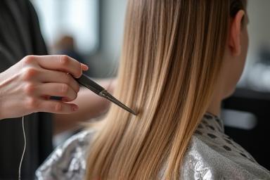 Woman getting hair colored at salon with foil highlights
