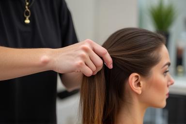 Stylist demonstrating hair styling technique on client