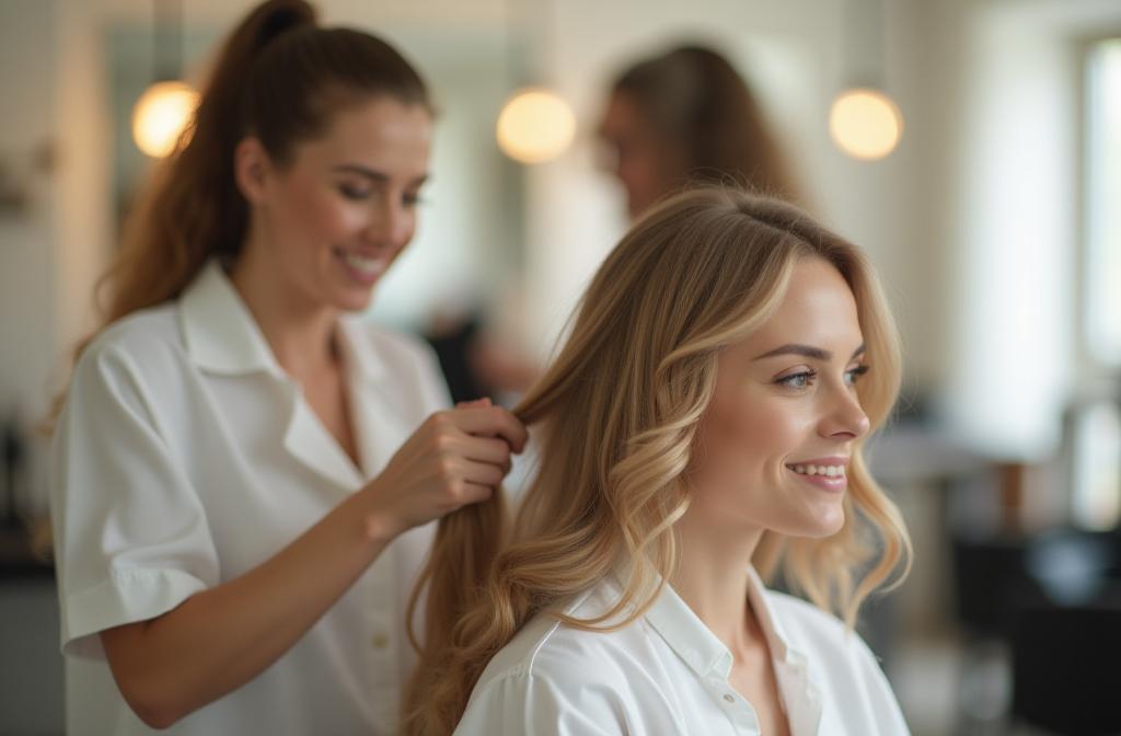 Stylist working on client's hair in a bright, modern salon